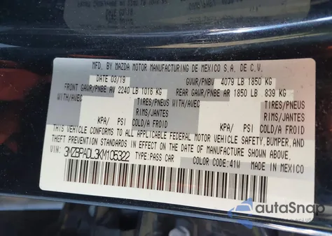 2019 Mazda Mazda3 Preferred Package from USA, damaged, VIN 3MZBPADL3KM105322